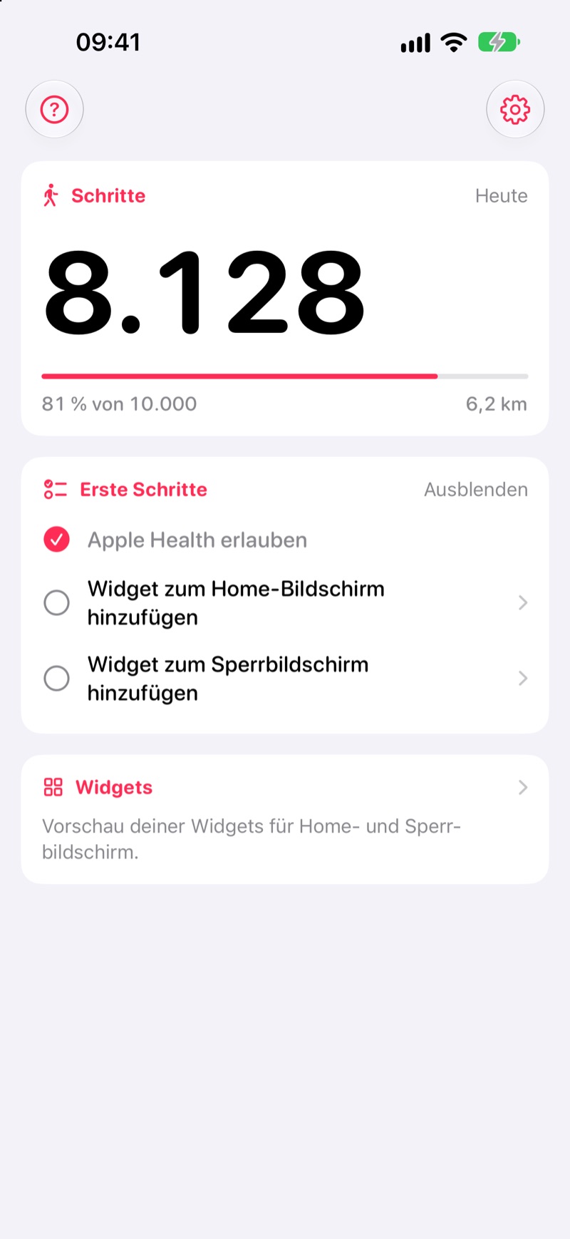 Startbildschirm mit Schritten von heute, Zielfortschritt und Checkliste „Erste Schritte“