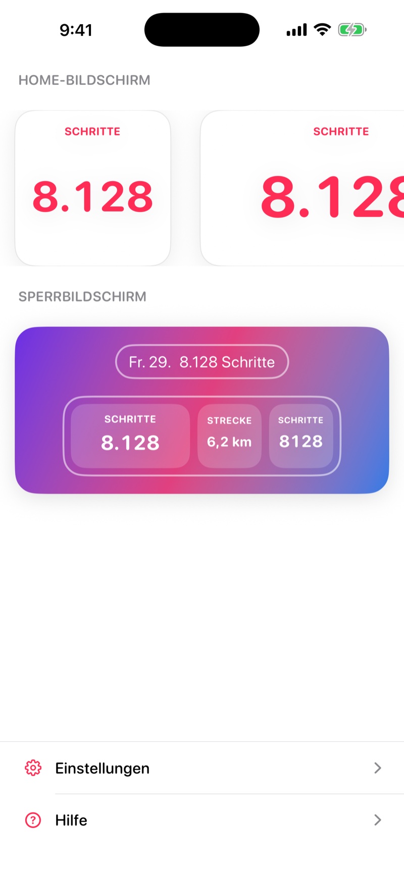 Widget-Galerie in der App mit Live-Vorschau