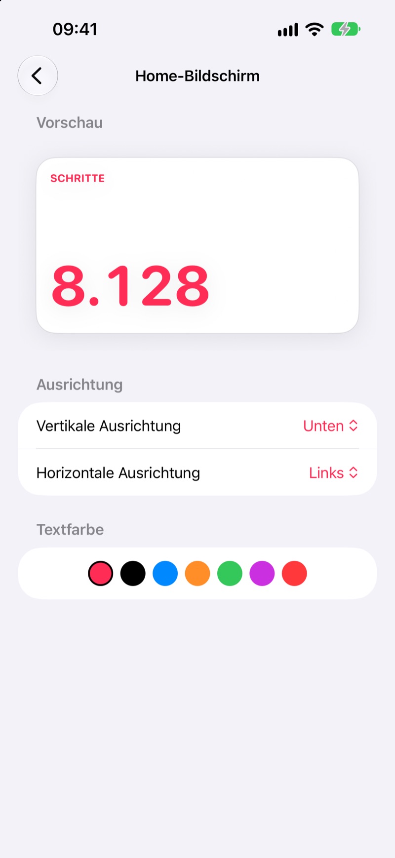 Erscheinungsbild für den Home-Bildschirm: Position, Ausrichtung, Textfarbe