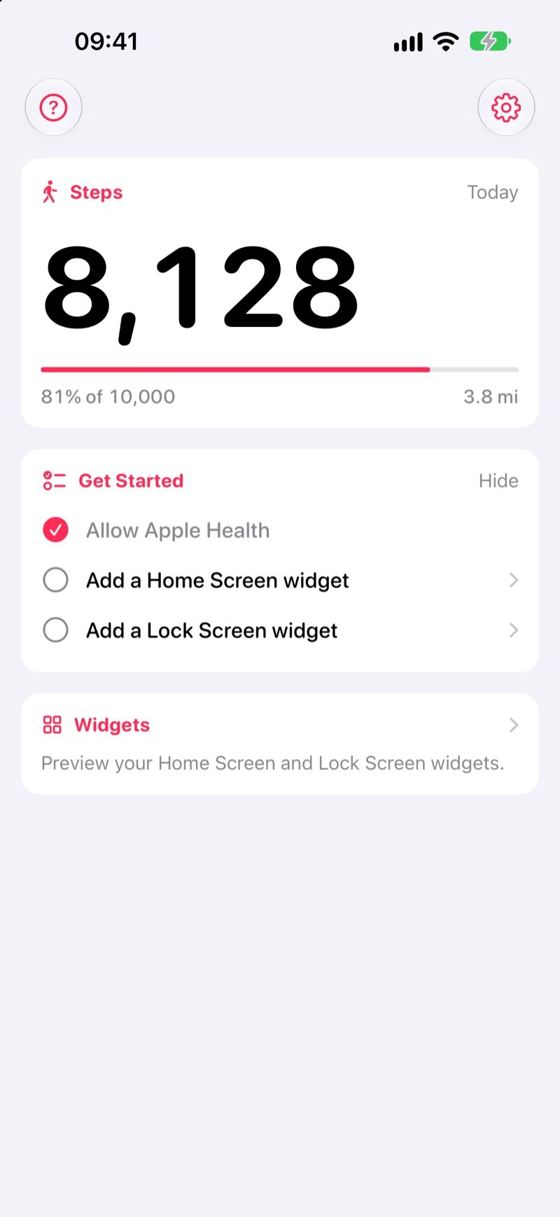 Main screen with today's steps, goal progress, and the Get Started checklist