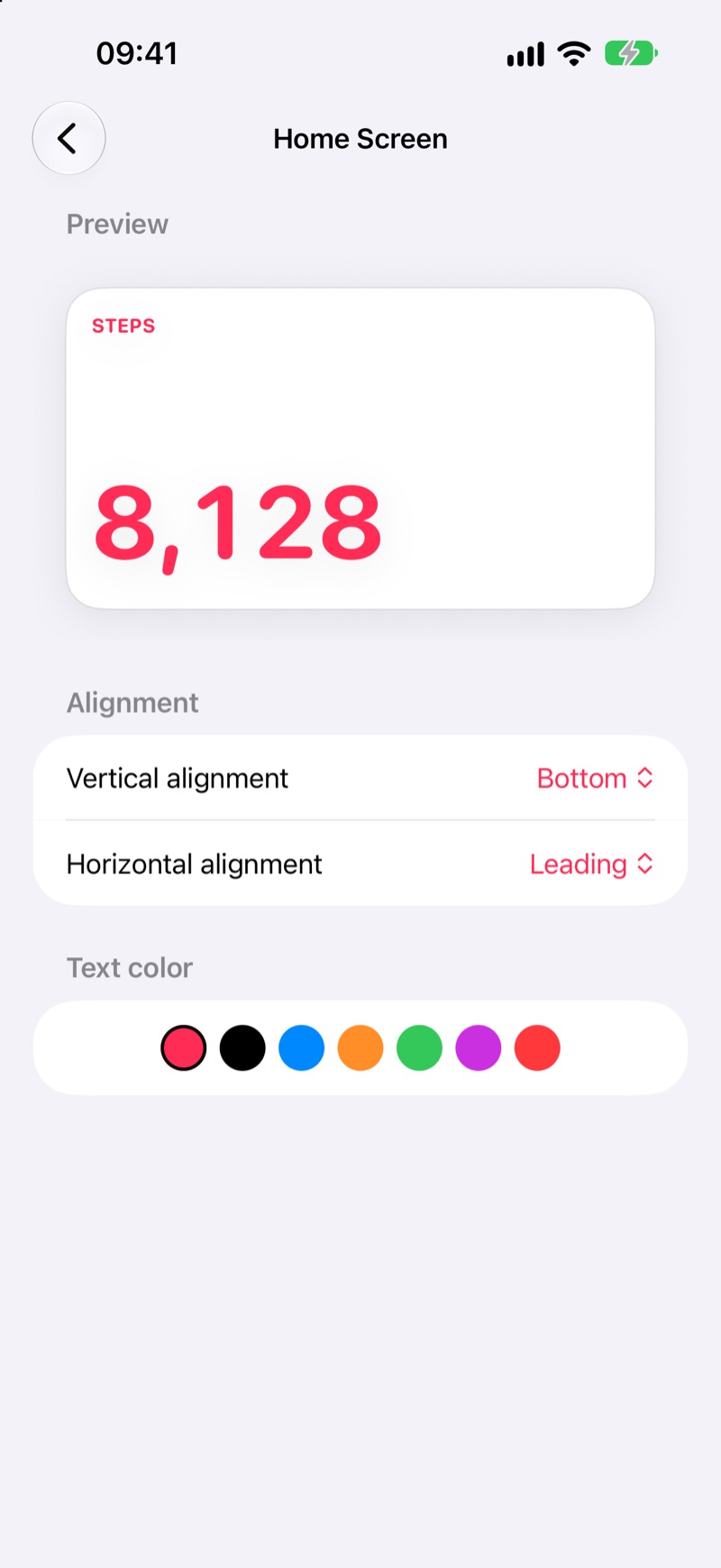 Home Screen appearance settings: position, alignment, text color