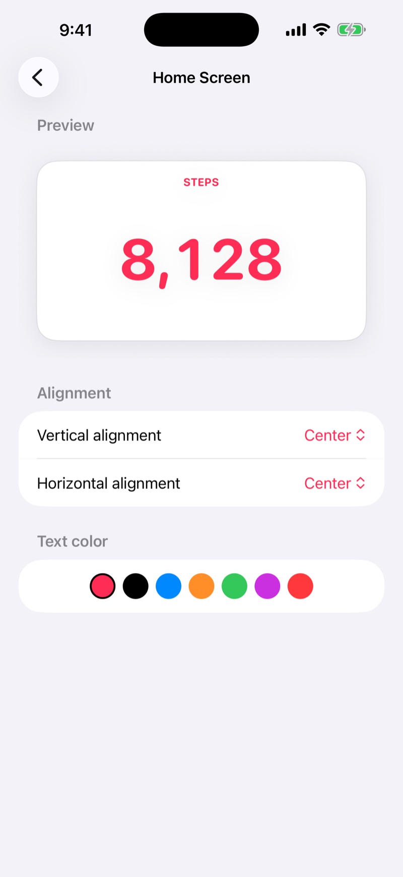 Appearance settings: position, alignment, color