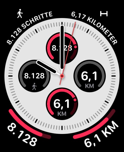 Zifferblatt Infograph mit Komplikationen für Schritte und Strecke